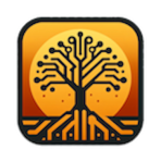 Kekoa Dev logo, cyber tree with orange and yellow gradient background